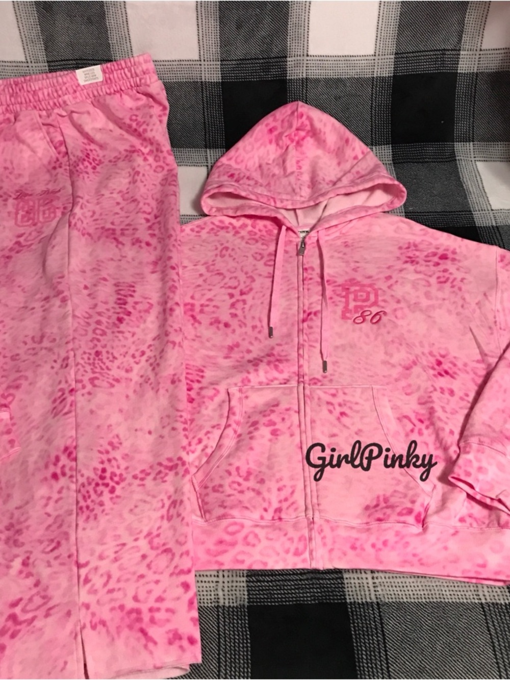 VS PINK IVY FLEECE CAMPUS FULL ZIP & SWEATPANTS PINK LEOPARD PRINT LOGO XS & S